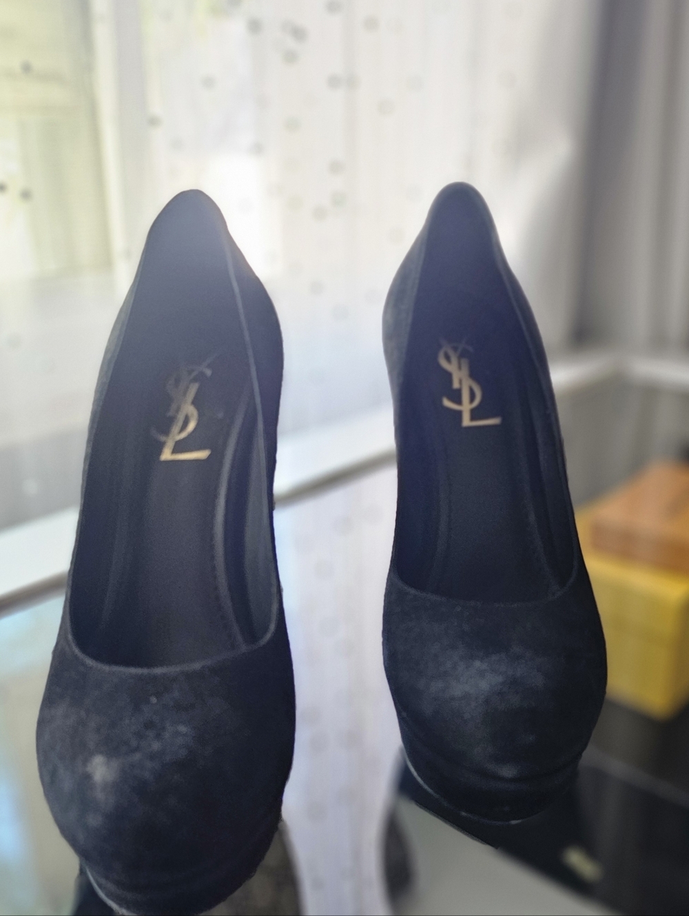 🌟AUTHENTIC Saint Laurent YSL Navy Suede Platform Heels - Size 37 - Picture 10 of 15